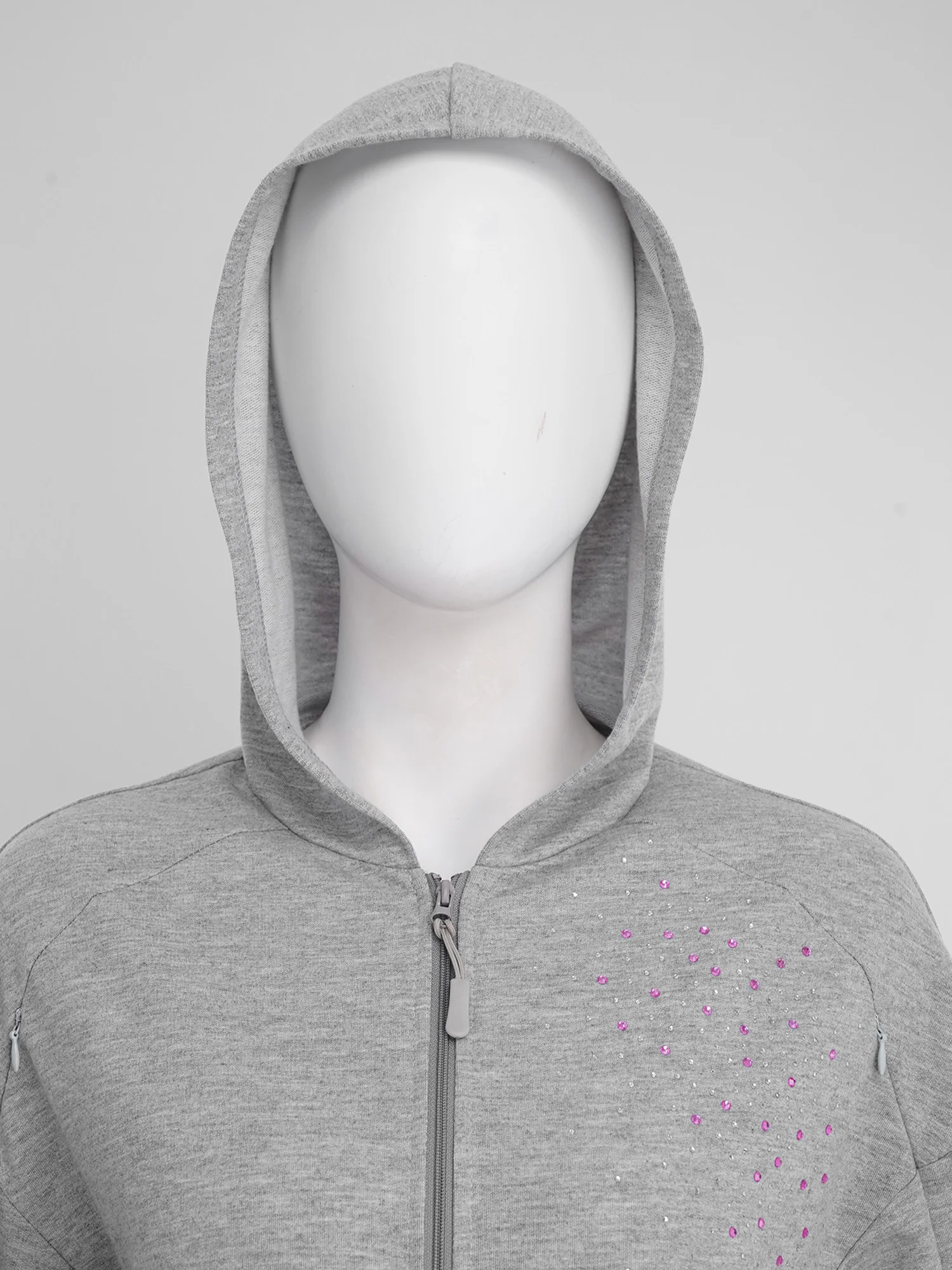 Ladies Full Zip Hoodie with Arm Zippers Shiny Rhinestone Decor Casual Jacket with Pockets for Daily & Dialysis view 4