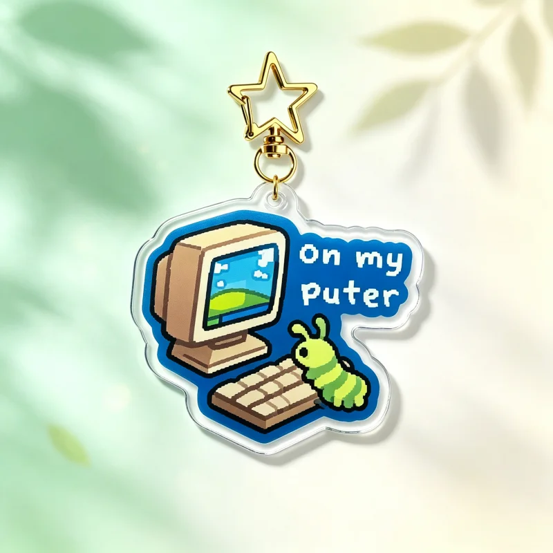 On My Puter Bug Acrylic Keychain Cute Pixel Worm Vintage Computer Pendant Bag Charm Collectible Gift For Gamer Nerds