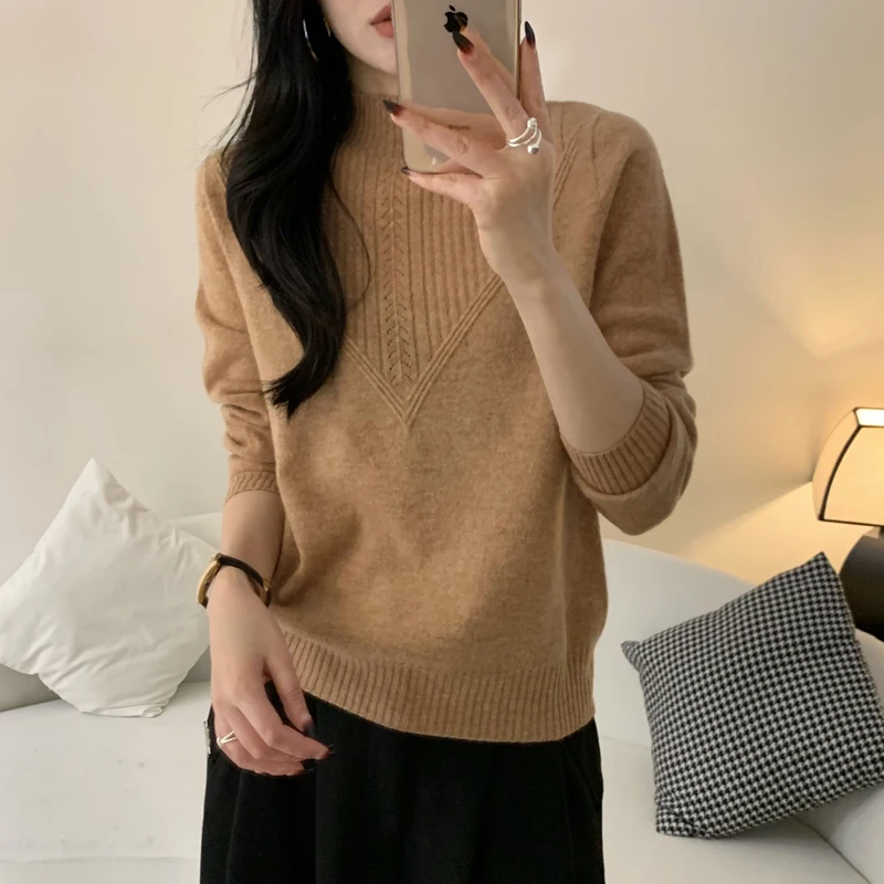 100% Merino Wool Women\'s Semi-Turtleneck Fashion Striped Jumper Solid Color Long Sleeve Top New Autumn/Winter 2024