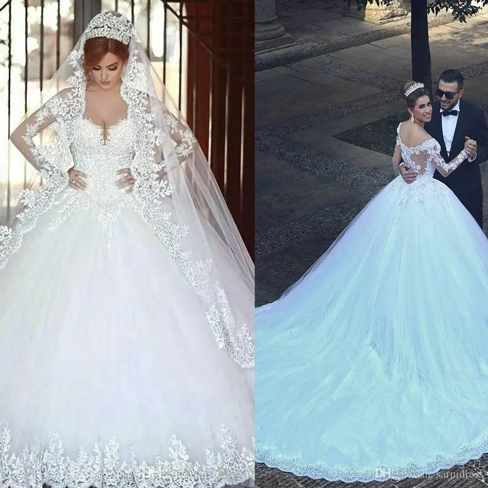 Customized Sweetheart Long Sleeves Lace Appliques Beads Long Chapel Train Plus Size Bridal Gowns Modern Arabic A Line Wedding Dr