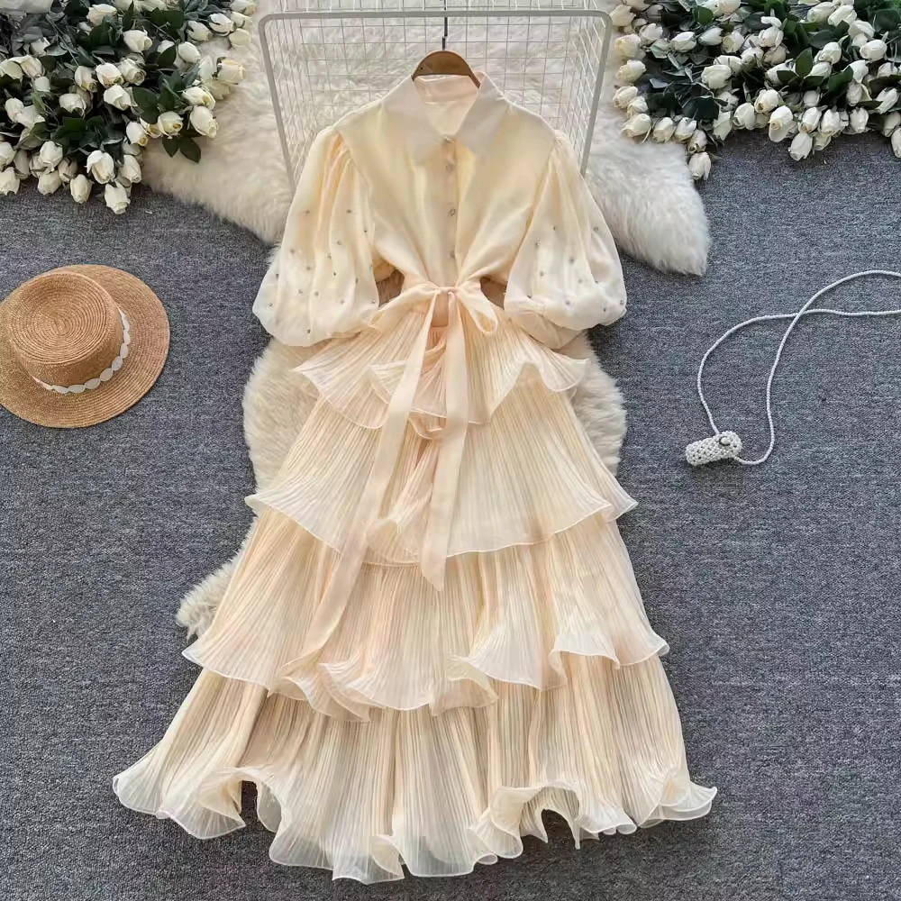 

Ретро-платье в стиле кэжуал, однотонное, с модным отложным воротником, на одной пуговице, с рукавами-фонариками, юбка-миди.