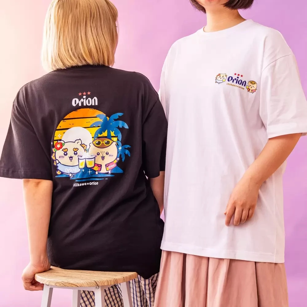 2026 Chiikawa X Orion Front & Back Print T-shirt Unisex Summer Beach Sunset Palm Tree Cute Cartoon Character Short Sleeve
