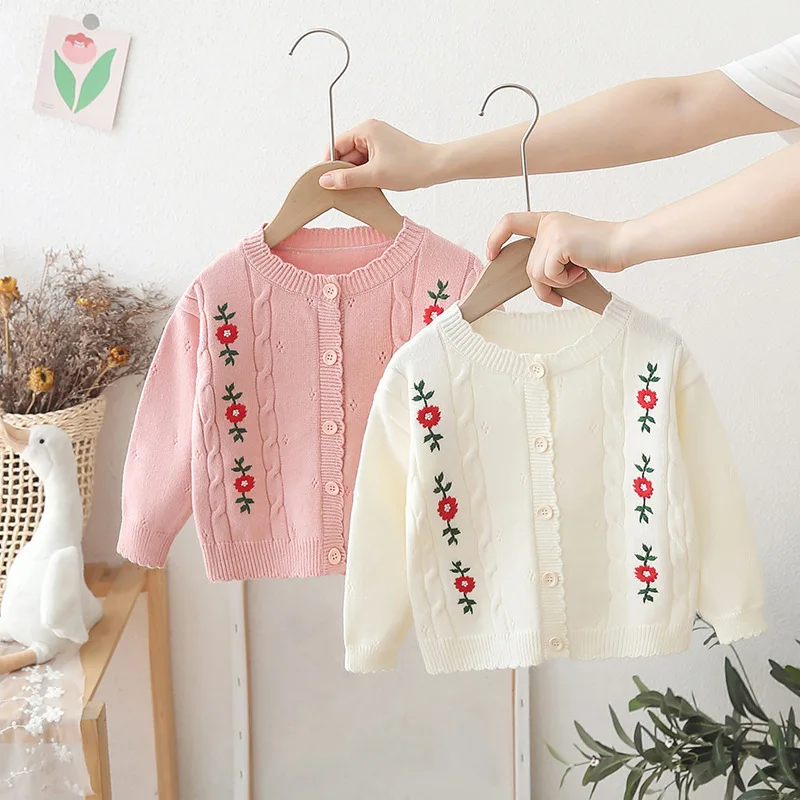 

Retro Flower Embroidery Sweater for Kids Girl Traditional Chinese Style Children Knitted Cardigan Princess School Jacket IY06281