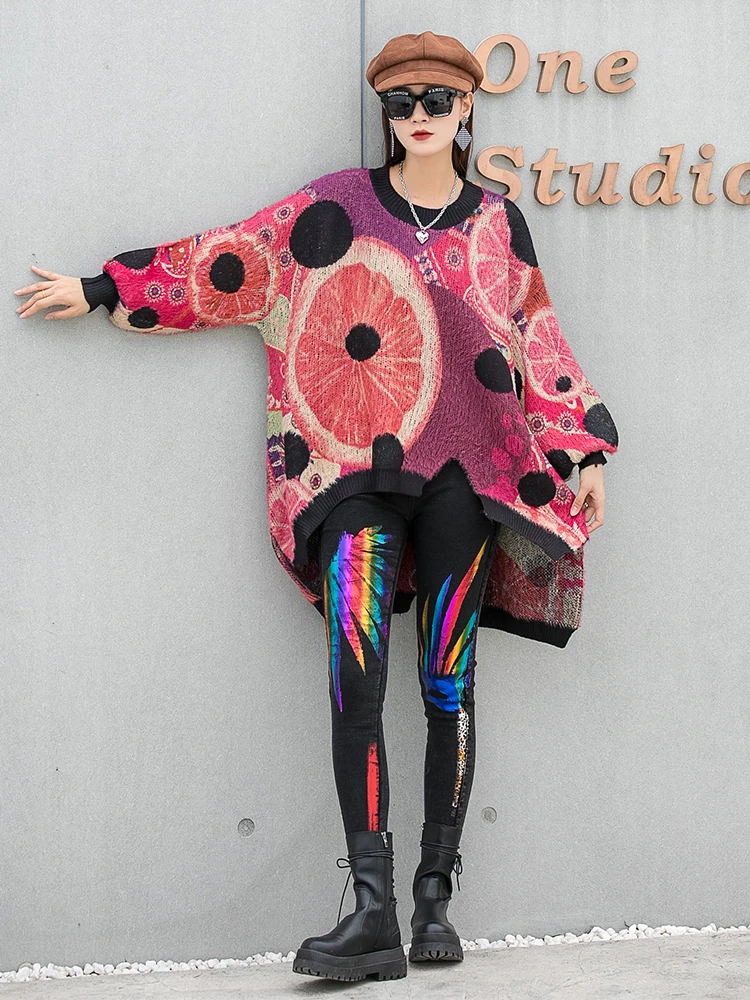 Color Printed Round Neck Long Sleeved Irregular Front Short Back Long Knitted Pullover Sweater Women 2024 Autumn Winter LX1714