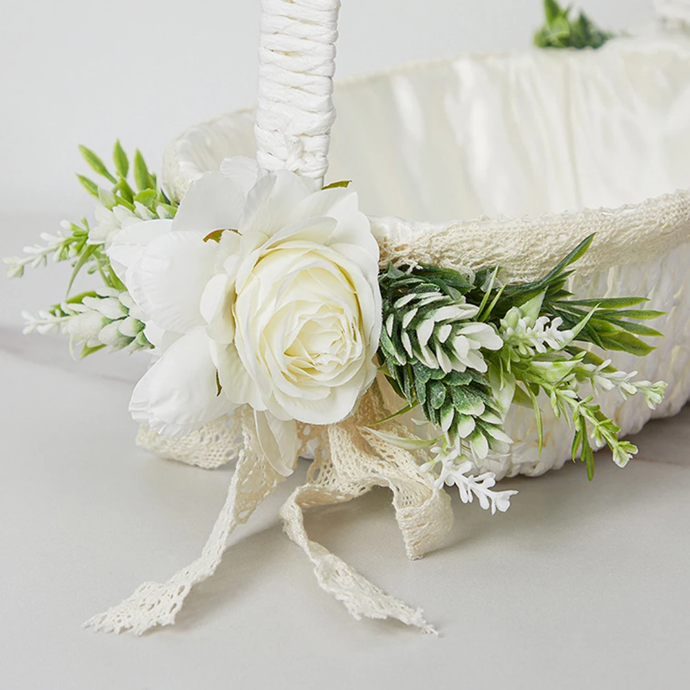 White Rattan Wedding Flower Girl Basket with Silk Peony, Vintage Flower Girl Basket for Wedding Ceremony Anniversary Party Decor image 3