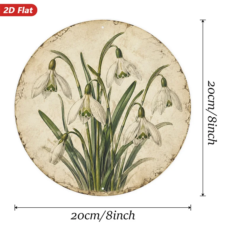 2D Flat, 1pc Vintage Snowdrops Round Metal Sign Wall Art, White Bell Flowers, Home Decor, Slender Green Leaves, Botanical Floral