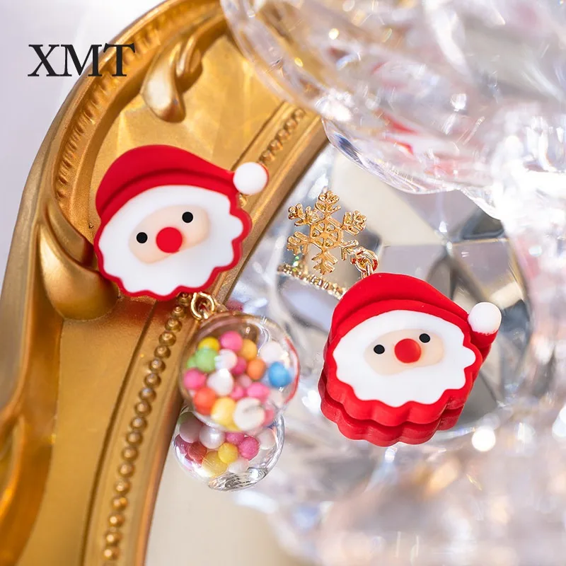 Asymmetric Sterling Silver Santa Claus Earrings Autumn Winter Snowflake Ear Jewelry for Girls Piercing Clip On Red Enamel Charm