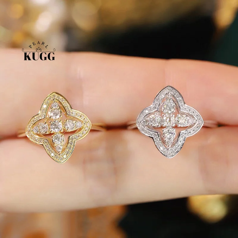 KUGG 100% 18K White or Yellow Gold Rings Fashion Leaf Shape 0.40carat Real Natural Diamond Ring for Women High Wedding Jewelry