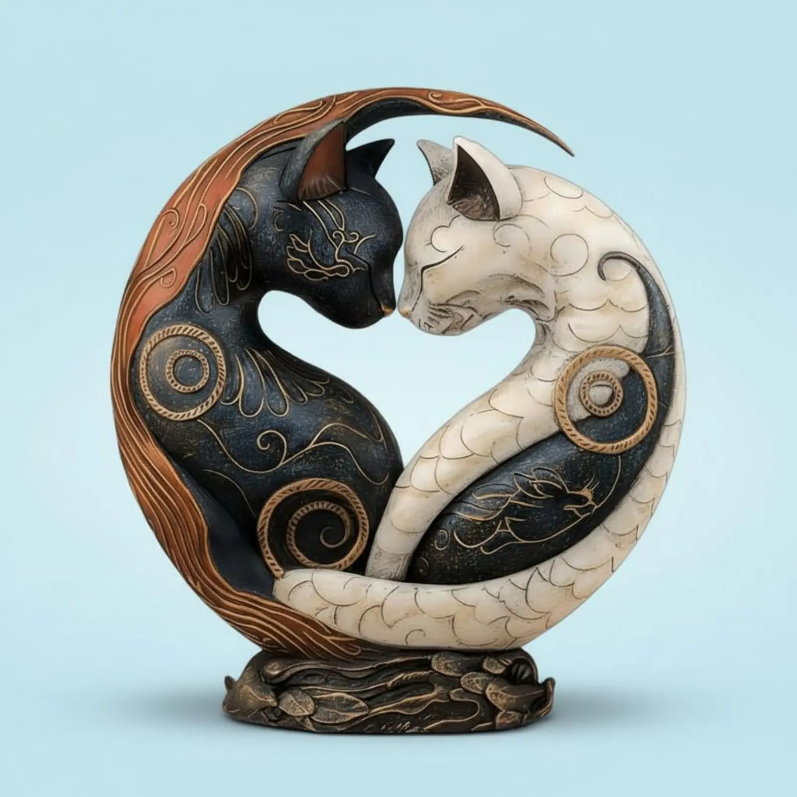 Yin Yang Feline Statue Two-Tone Color Black and White Feline Decor Table Ornament Tabletop Display Scratch-Resistant for Office