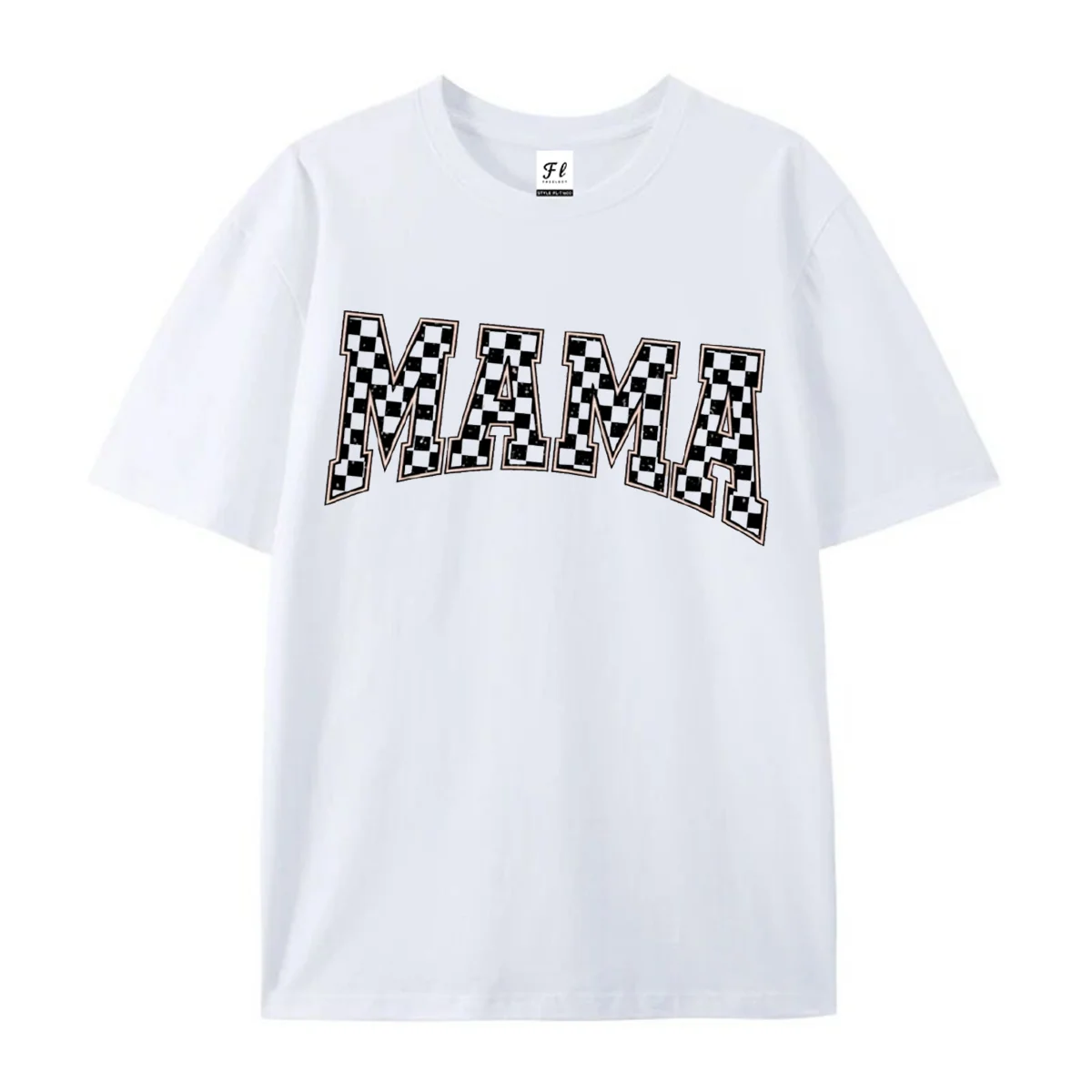 Ladies Casual Short Sleeve T‑Shirt Retro Checkerboard MAMA Varsity Letter Graphic Print O Neck Mother Day Gift Daily Wear Tops