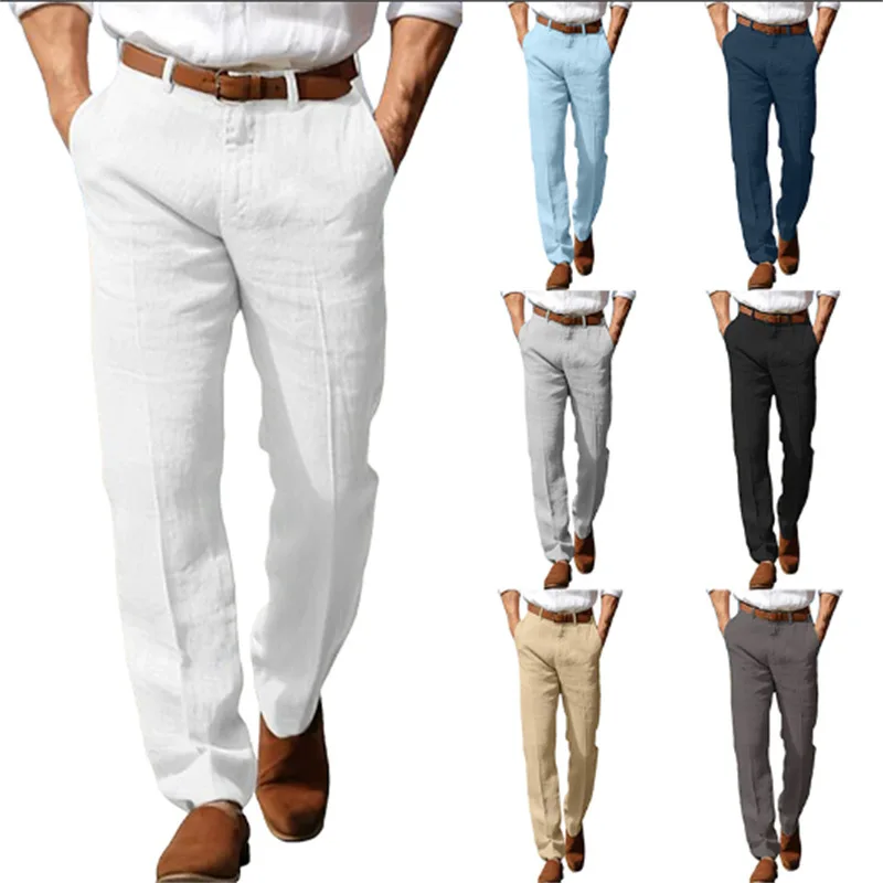 Pantalones Formales de Lino para Hombre, Corte Recto, Color Sólido, Cómodos, Transpirables, Estilo Básico para Negocios