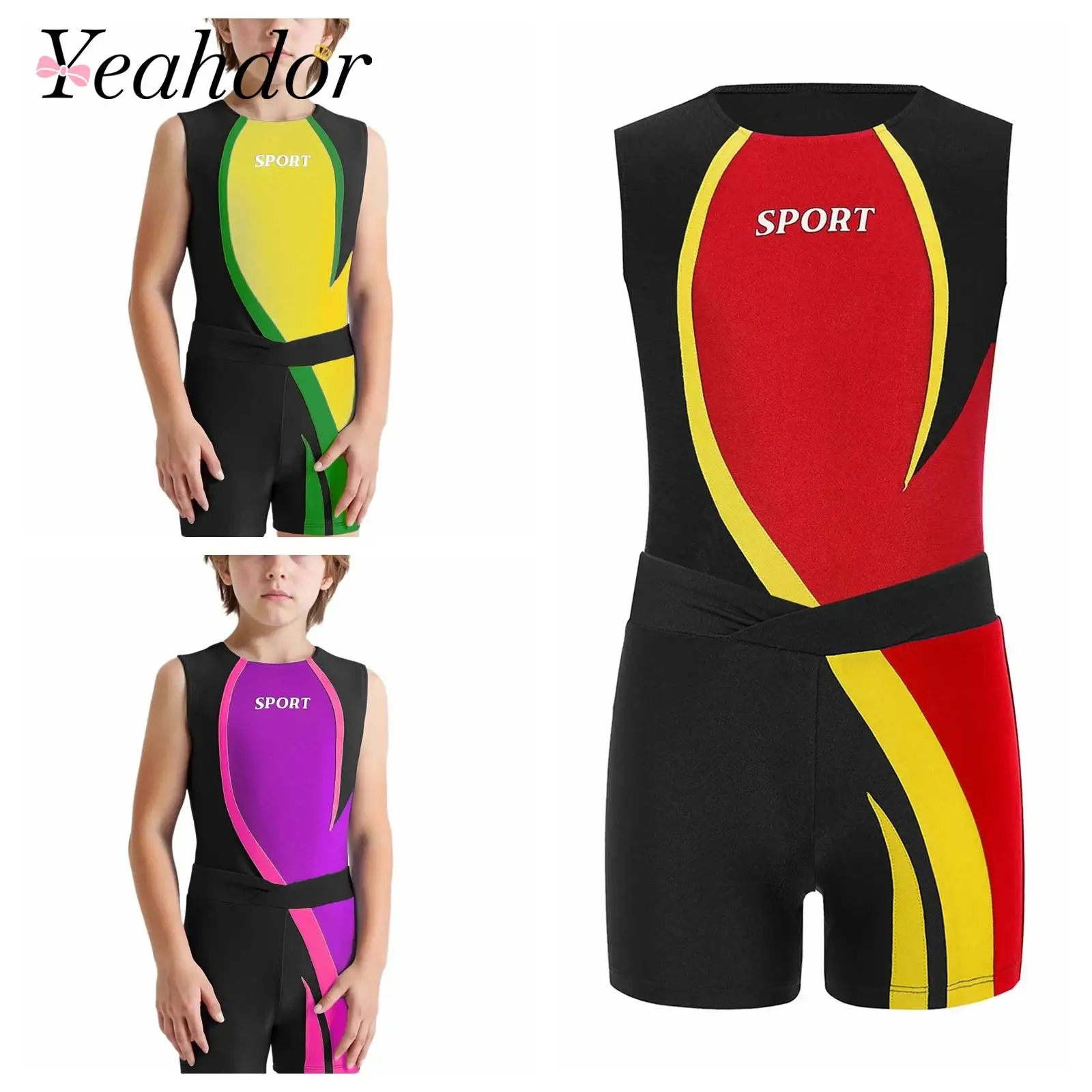 Kids Boys Gymnastics Bodysuits Dance Costume Sleeveless Color Block Leotard + Athletic Shorts Sport Set Ballet Outfit Gym Suits