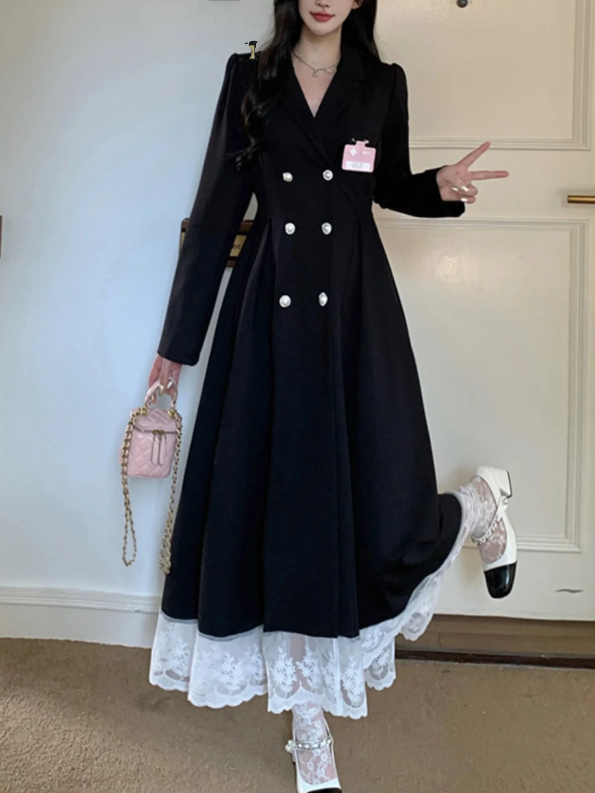 Plus Size plus Size College Sle  Knot Dress Women's Autumn Fashion Slimming Suit Skirt Korean Version A-Line Long Sleeve Dress