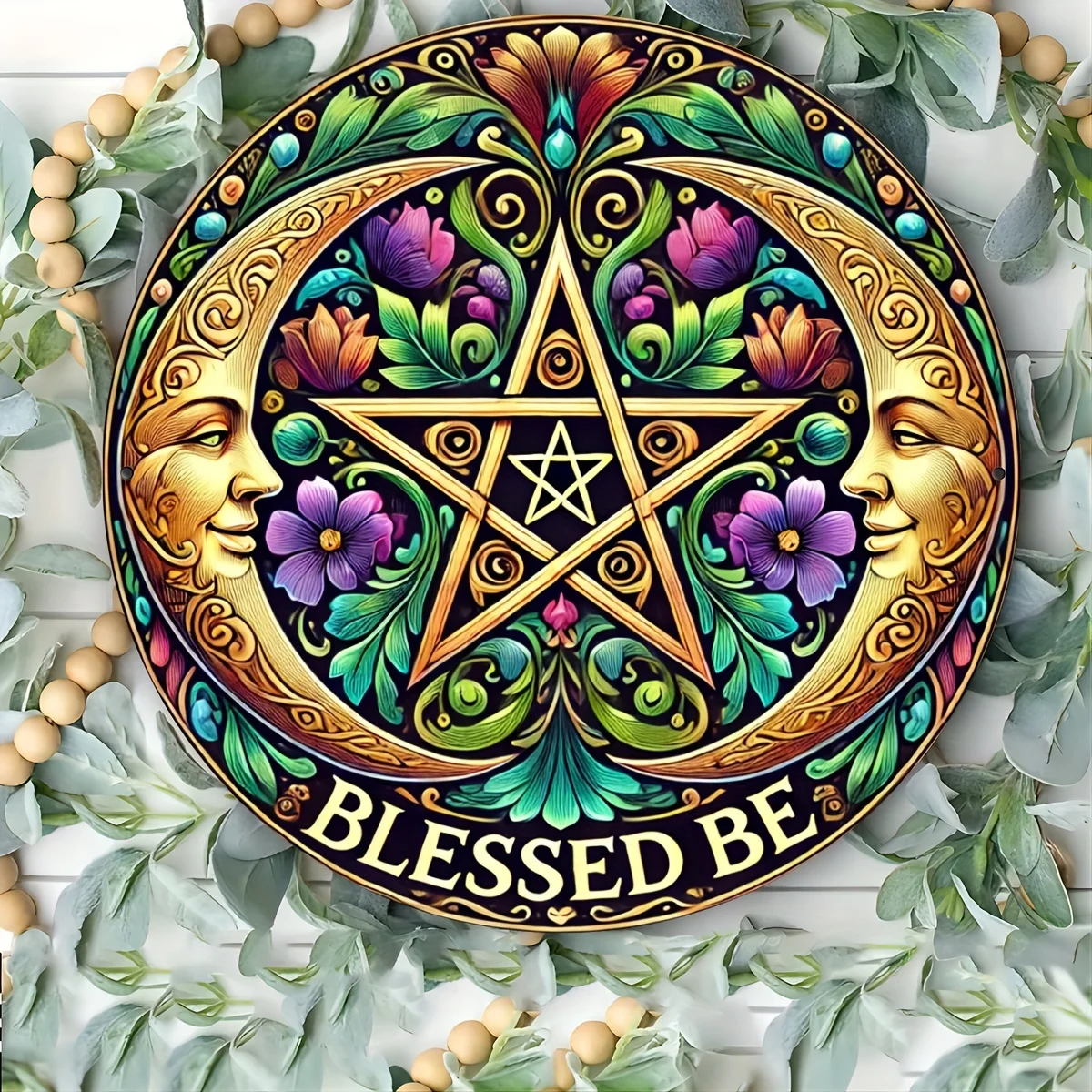 1pc Wiccan Blessed Be Pentagram Vintage Aluminum Round Sign, Rustic Multifunctional Home Decor Plaque for Laundry, Gym, Cafe, Ro