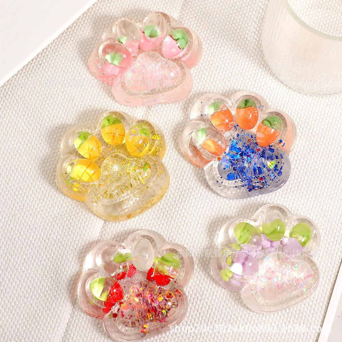 Cute Transparent Cat Paw Squeeze Fidget Toy Glitter Sequins Fruit Inside Squishy Soft Stress Relief Decompression Sensory Toy