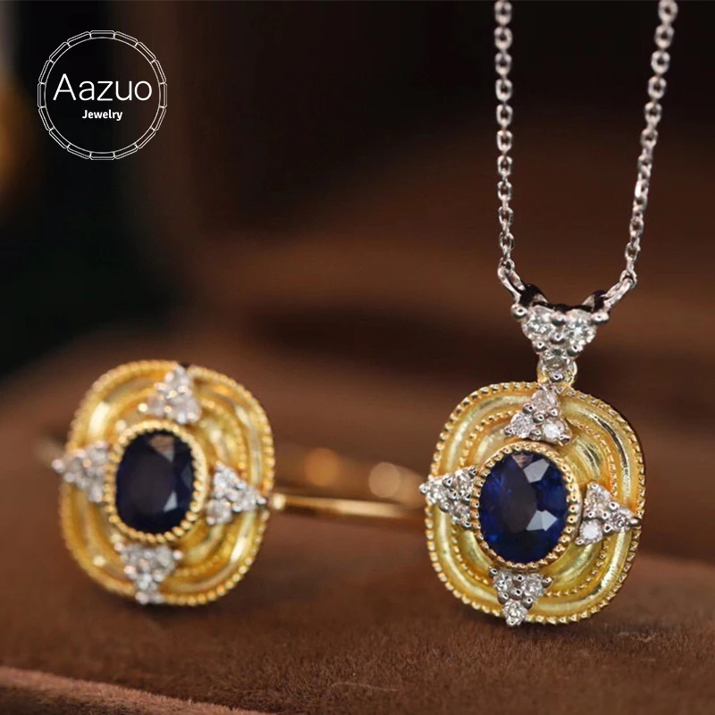 

Aazuo 18K Fine Jewelry Set Yellow Gold Real Diamonds Natrual Blue Sapphire Ring&Necklace Gift For Women Engagement Party Au750