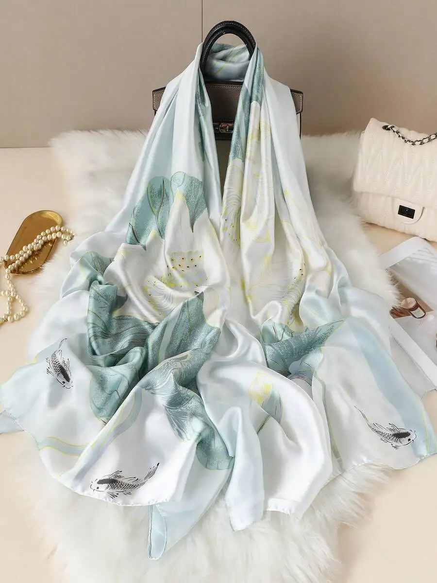 

Elegant Floral Print Silk Scarf For Women, Sun Protection Outdoor Travel Accessory, Multifunctional Shawl Wrap