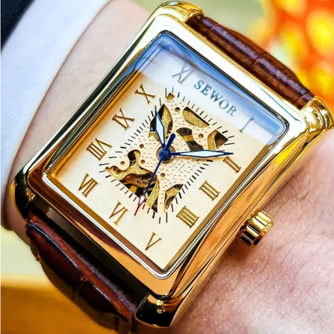 Rectangular Men's Mechanical Watch, [Men's Mechanical Watch] High-End Luxury Square Double-Sided Skeleton Watch - Light Luxury B