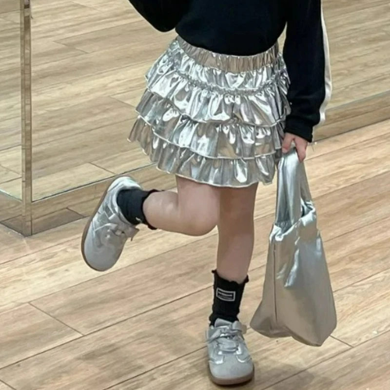 ​2025 New Spring Girls Cake Skirt Autumn Kids Shiny Metallic Silver Layered Tulle Mini Skirt Elastic Waist Toddler Skirt 2-7 Y