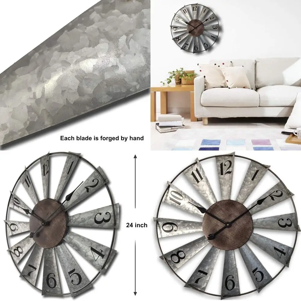 

Rustic 24 Distressed Metal Windmill Wall Clock - Oversized Farmhouse Decor, Non-Ticking, Battery-Powered