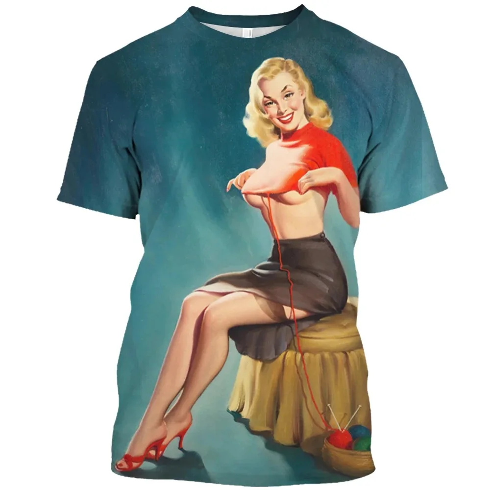Fashion Vintage Short Sleeve T-shirts 3D Print Unisex T-shirt Sexy Biker Girls Graphics Street Oversized Tees Shirt Men Clothing