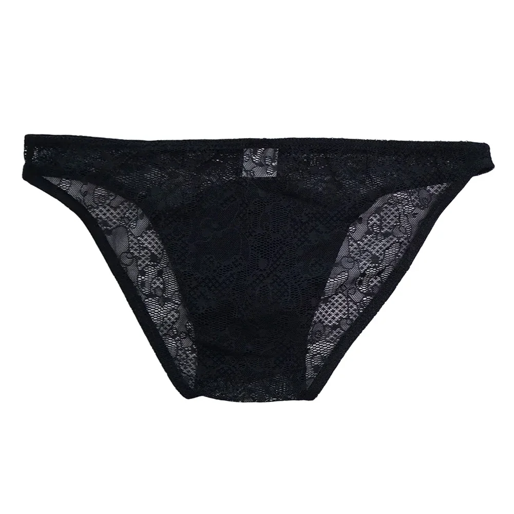 

Men's Low Waist Triangle Briefs with Lace Mesh Design for Breathable Comfort, Available in Black and White, Size S to XL