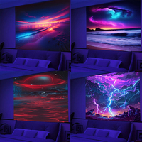 Ultraviolet sky coastline luminous tapestry, indoor mood to create atmosphere, psychedelic luminous pop art bedroom decoration