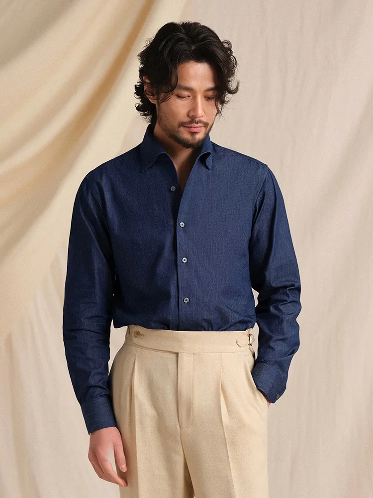 

Cultum Italian Sle Pure Cotton Long Sve Slim Fit Casual irt Gentleman's High-End Feeling One-Piece Collar Denim irt