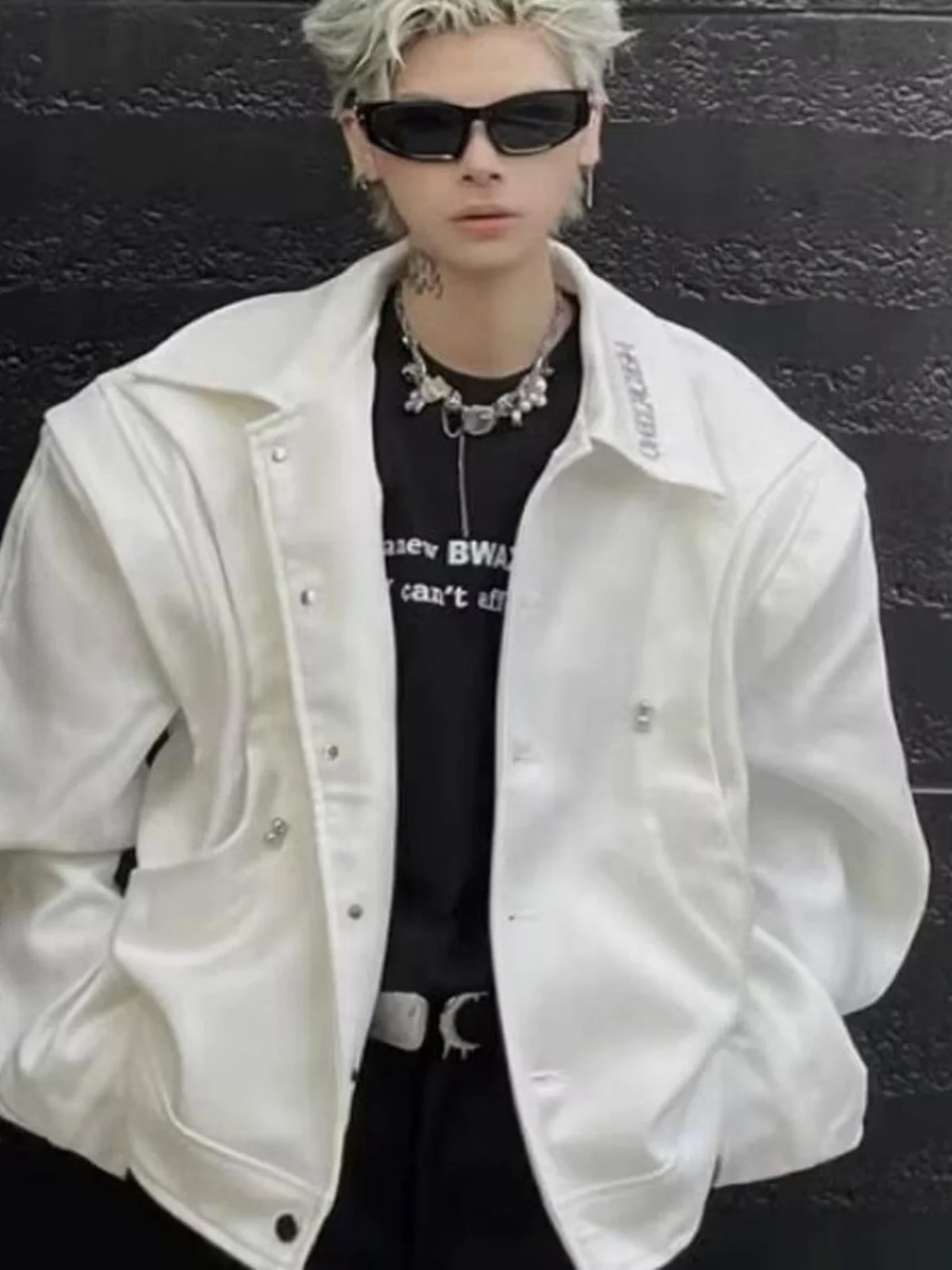 

Cleanfit White oulder Pad Jaet Men's Sli Deconstructed Biker Jaet Youthful Trend Loose Fit Windproof Long Sve