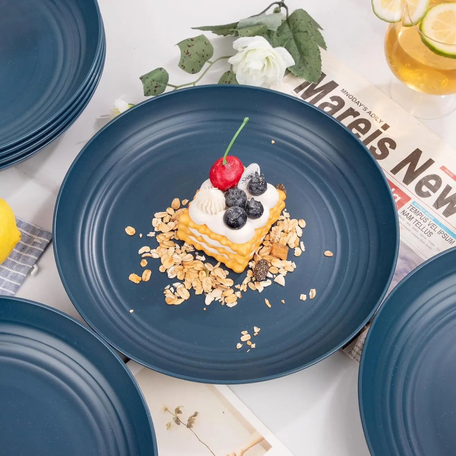 4pcs Navy Wheat Straw Plates Set Deep Dinner Plates Plastic Unbreakable Reusable Lightweight Home Kitchen Storage Tray