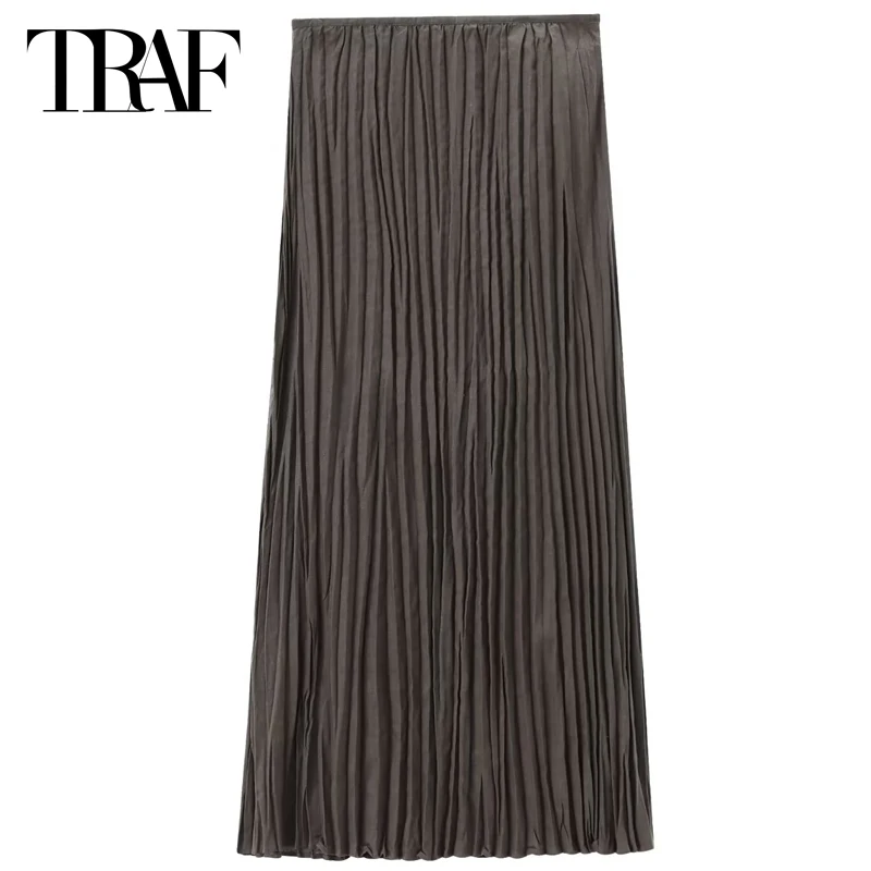 

TRAF Midi Pleated Skirts Vintage Long Skirts For Women Summer 2024 Ladies High Elastic Dark Grey Skirt Elegant Vacation Skirts