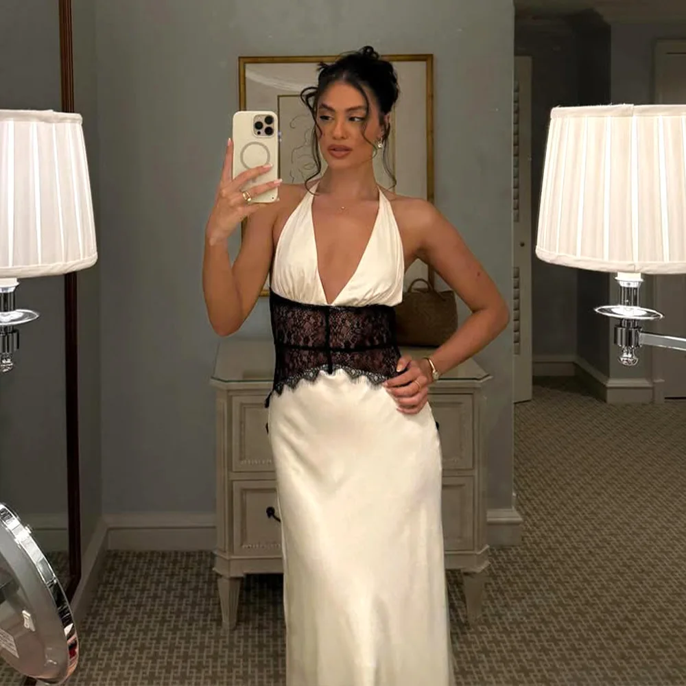 

2025 Summer New Product Elegant Deep v Silk Soft Satin Long Dress Splicing Neck Hanging Waist Sexy Dress Robe Vestido Women