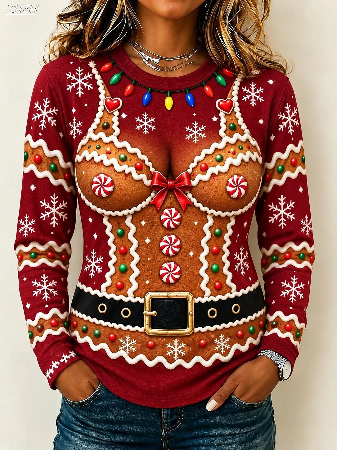 Christmas Print+Xmas Gathering+Funny 3D Santa Suit Illusion Graphic+Women Long Sleeve T Shirt
