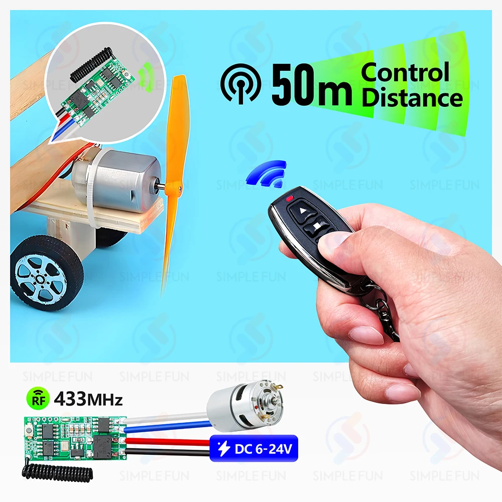 433 ميجا هرتز تيار مستمر محرك صغير لاسلكي التبديل تيار مستمر 6 فولت 12 فولت 18 فولت 24 فولت وحدة تحكم المحرك الصغيرة ، 50 متر الارسال ، للمحرك إلى الأمام عكس توقف/DIY