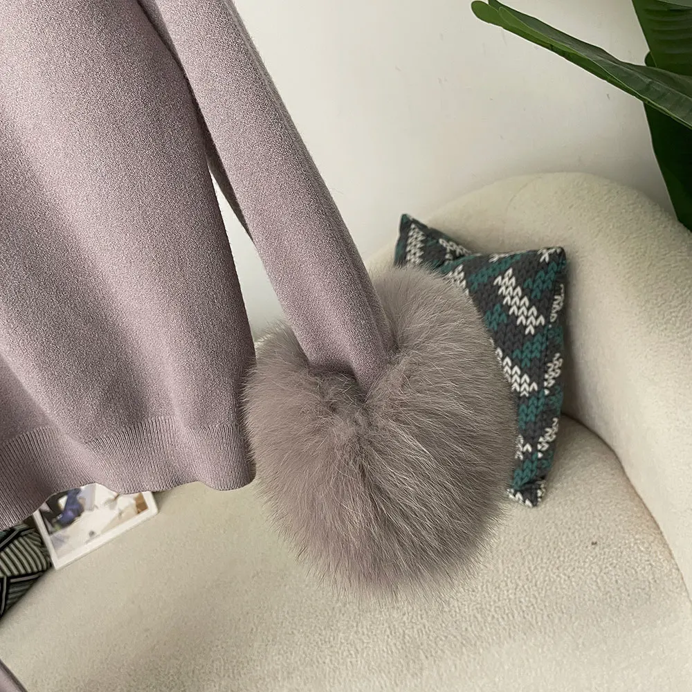 OFTBUY 2024 Neue Mode Herbst Winter Natürlicher Echter Fuchspelz-Manschetten-Mantel Gestrickter Pullover Damen Lange Hosen Set Jacke Dick Warm – Detail 8
