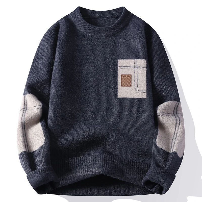 men's autumn winter long sleeves knit sweater round neck new model patch keep warm pullover leisure fashion youth men's clothing