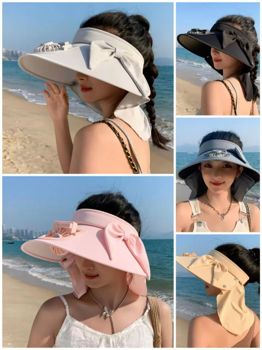 

New Style Sunshade Hat Woman's Summer Empty Top Hat Rechargeable Fan Sunscreen Caps Big Bow Anti UV Sun Hats