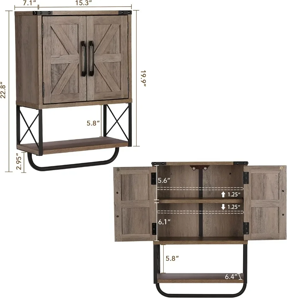 

Farmhouse Rustic Medicine Cabinet with Two Barn Door,Wood Wall Mounted Storage Cabinet with Adjustable Shelf and Towel Bar