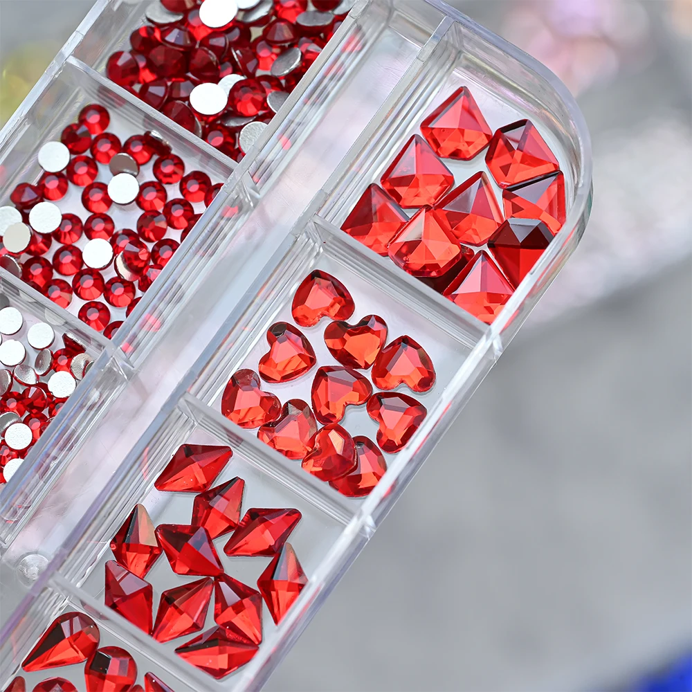 12 그리드 3D 빨간색 유리 네일 아트 라인 석 플랫 백 라운드/하트/나비/드롭 다이아몬드 손톱 용품 DIY 전화 케이스 매니큐어 보석