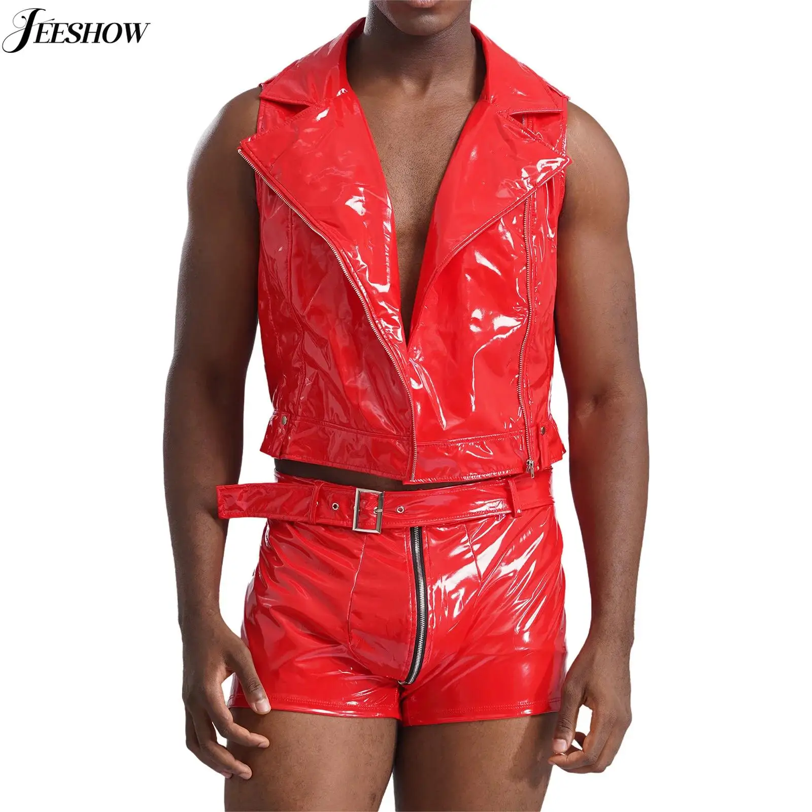 

Mens Patent Leather Rave Outfits Notched Lapel V Neck Front Zipper Sleeveless Vest Top with Double-end Zip Boxer Shorts Clubwear
