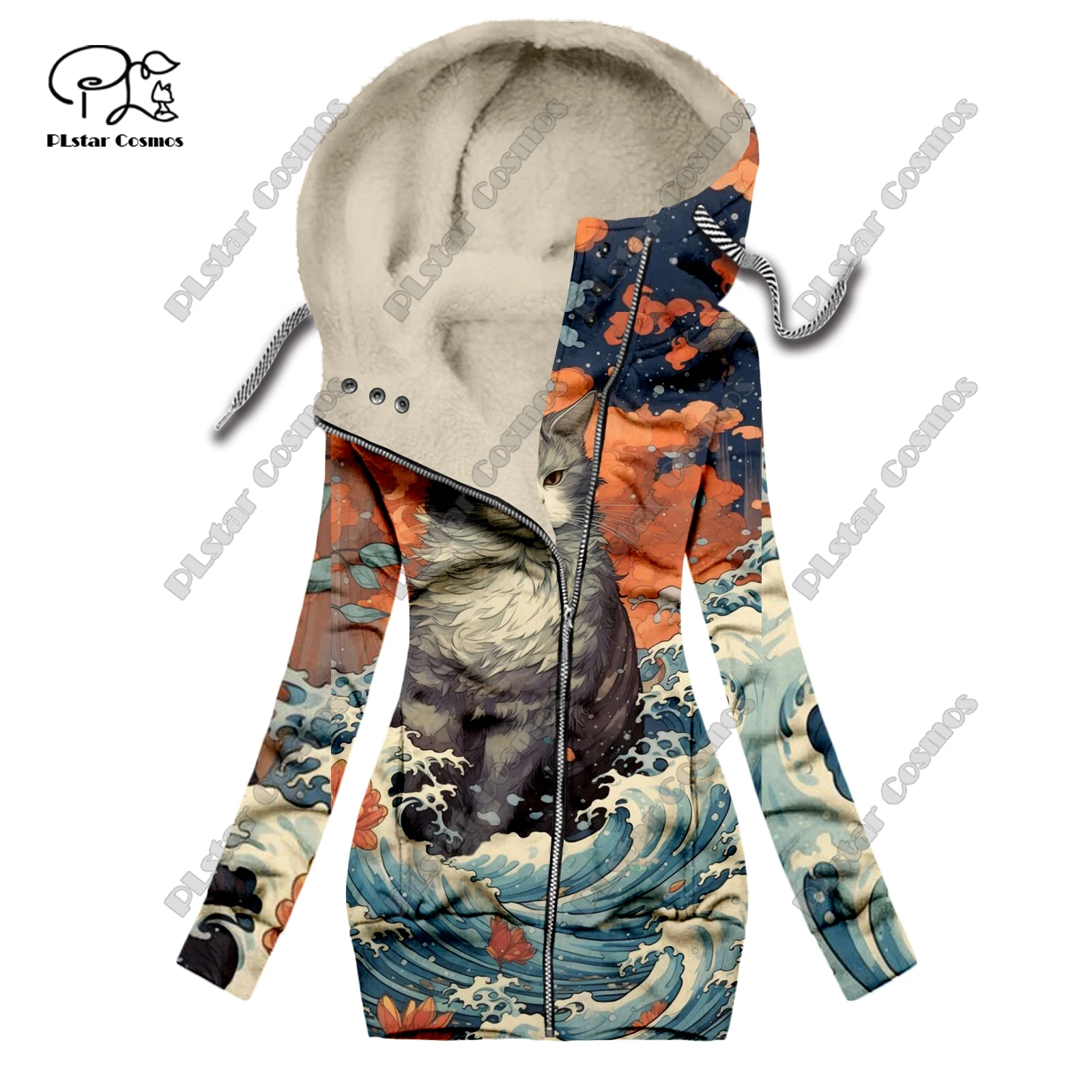 New 3D printing retro series floral and animal patterns plus velvet and warm women's long zipper sweatshirt casual winter L-9