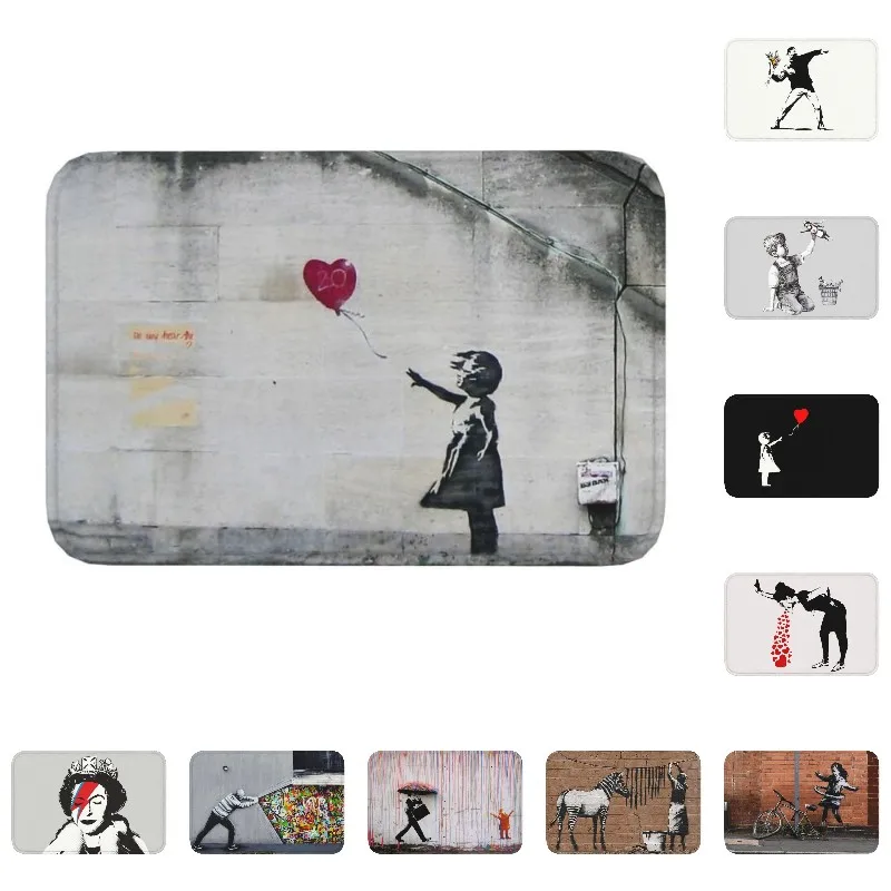 Banksy Balloon Girl Front Door Floor Entrance Mat Indoor Kitchen Bathroom Doormat Balcony Carpet Rug Toilet Living Room Footpad