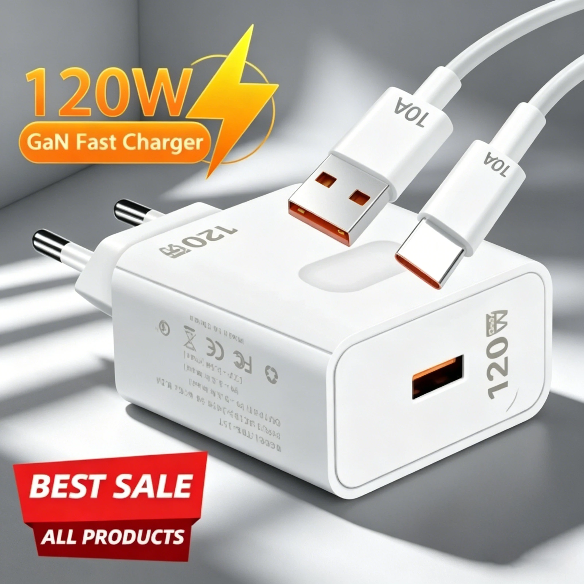 Carregador USB 120W GaN com Carregamento Rápido QC3.0 e Cabo Tipo C, Adaptador de Parede para Celulares Huawei, Redmi, Xiaomi 17, OnePlus