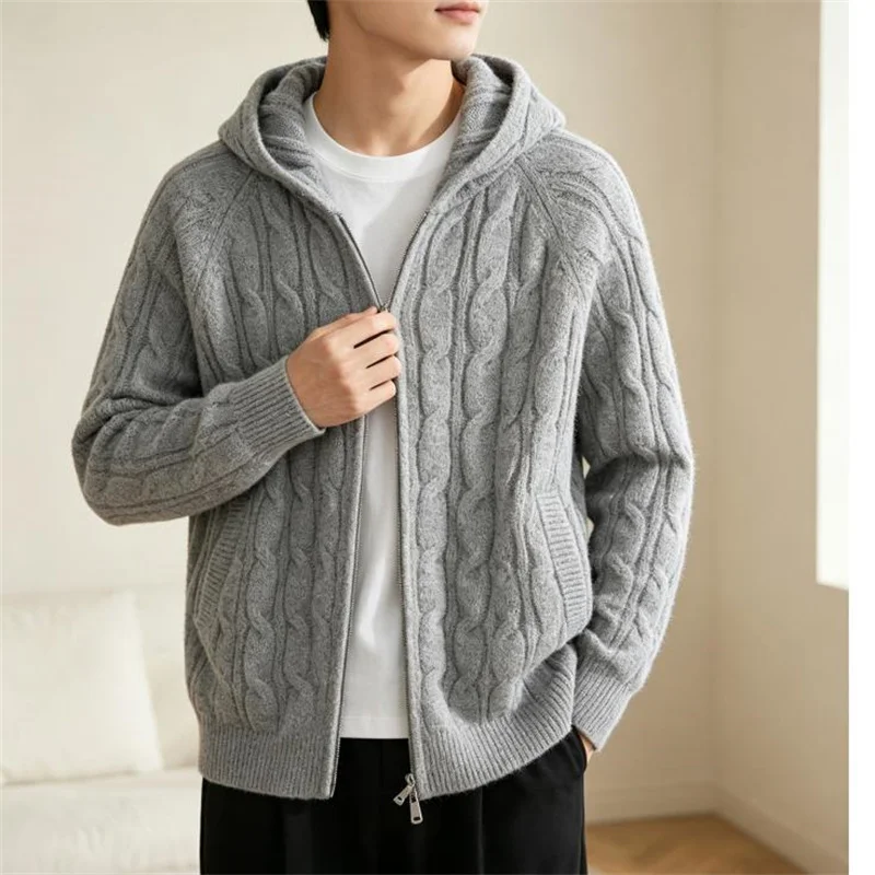 XXXL Winter Knit Sweater Hooded Zipper Cardigan Jackets Men Knitted Fashion Coat Grey Black Outerwear Casual Outer Tops
