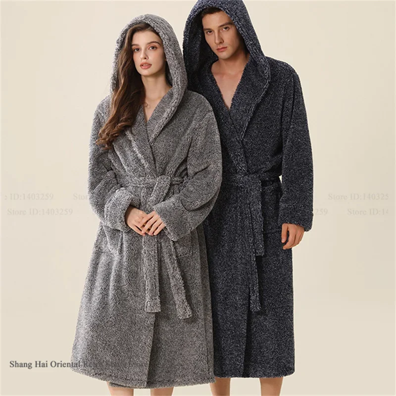 

Thick Coral Fleece Coupe Hooded Bathrobe Sleepwear Autumn Winter Warm Long Robe Home Clothing Casual Flannel Loungewear Pajama