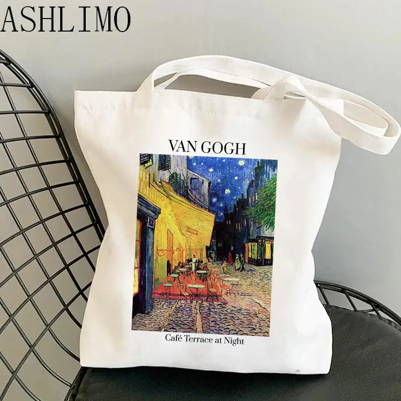 Bolso de lona con estampado de pintura al óleo de Van Gogh para mujer, bolsa Kawaii Harajuku para compras, bolso de mano para chica