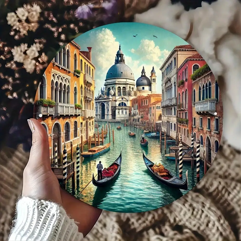 CIFBUY Venetian Gondola Iron Wall Art 8 Inch Round Metal Sign 2D Foil Embossed Classic Italian Home Decor Living Room Poster