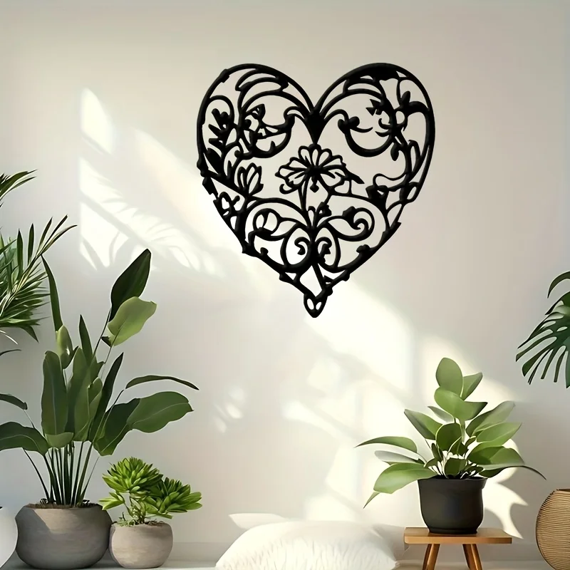 1pc Black Metal Heart Wall Art, Floral Vine Cutout Decor Indoor Outdoor, Valentine Wedding Gift, Easy to Install