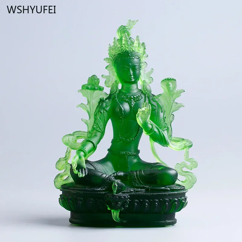 1 PCS Handmade Glass Green Tara Buddha Statue Chinese style Ancestral Hall Zen Temple Bodhisattva Desktop Feng Shui Ornament