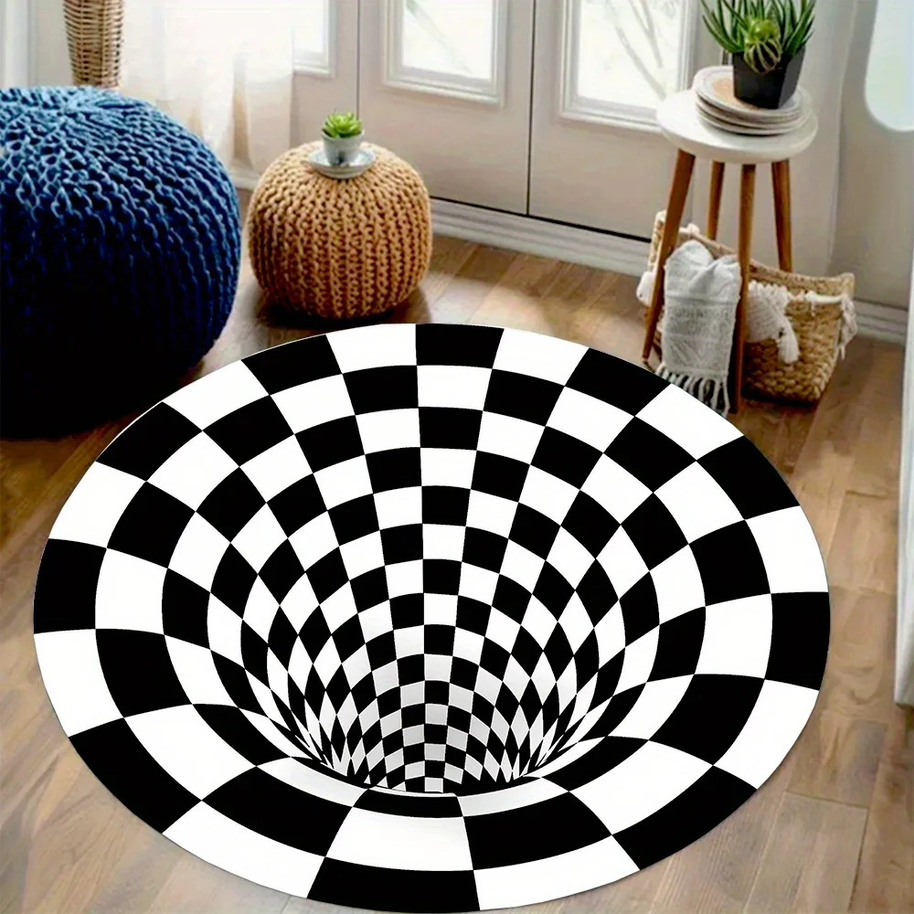 Optical Illusion Black White Checkered Round Rug Flannel Modern Living Room Decor Abstract Floor Carpet Home Office Area Rugs